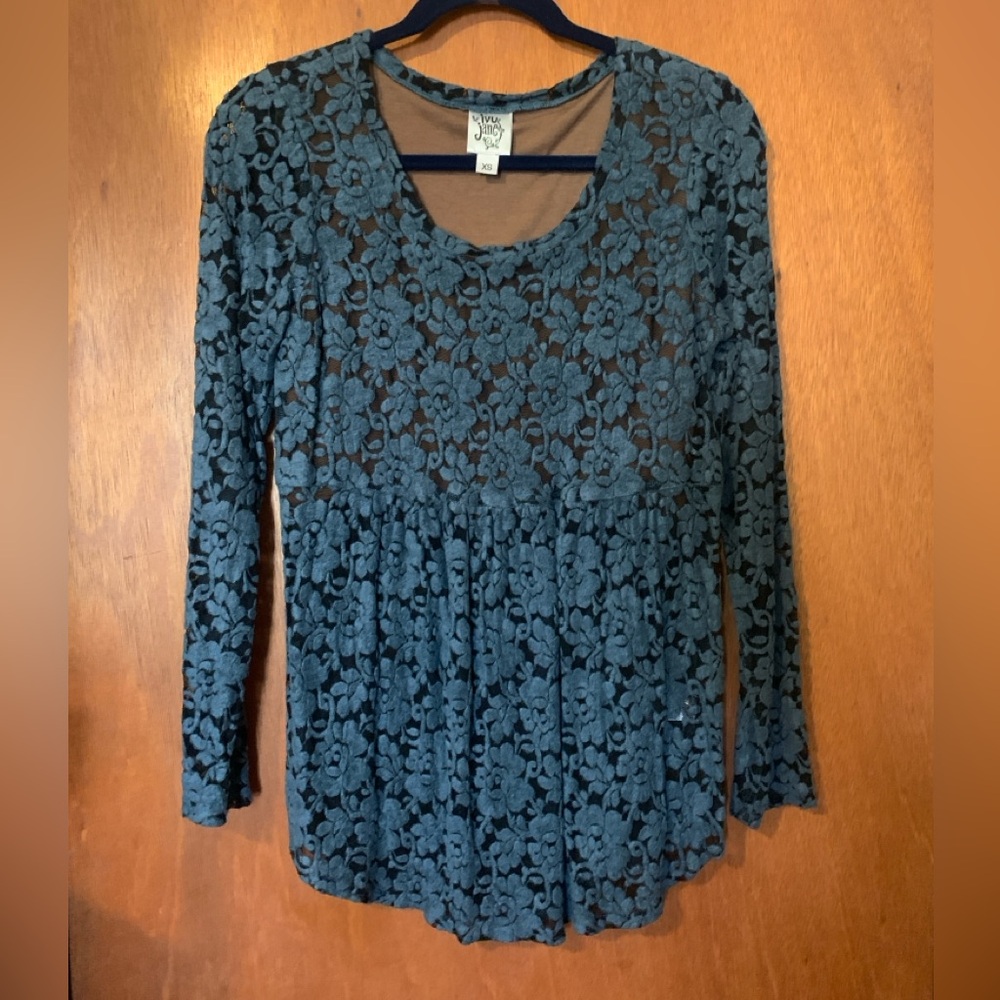 Ivy Jane Babydoll Mesh Floral Long Sleeve XS Blue Black Brown